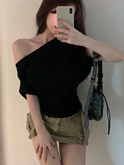 lovwvol Skinny Sexy White Y2k Crop Top Women Off Shoulder Spring T-shirt Korean Style Black Blouse Tees  Summer Fashion Clothing