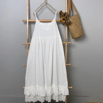 Summer Cotton Spaghetti Straps Sleeveless Midi Dress Mori Girl Elegant Vintage Edwardian Lace Layered Flare White Sun Dress