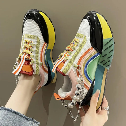 Women Platform Casual Outdoor Mixed Colors Design Sneakers Chain Decoration Lace Up Running Walking Sports Fashion Shoes 35-40