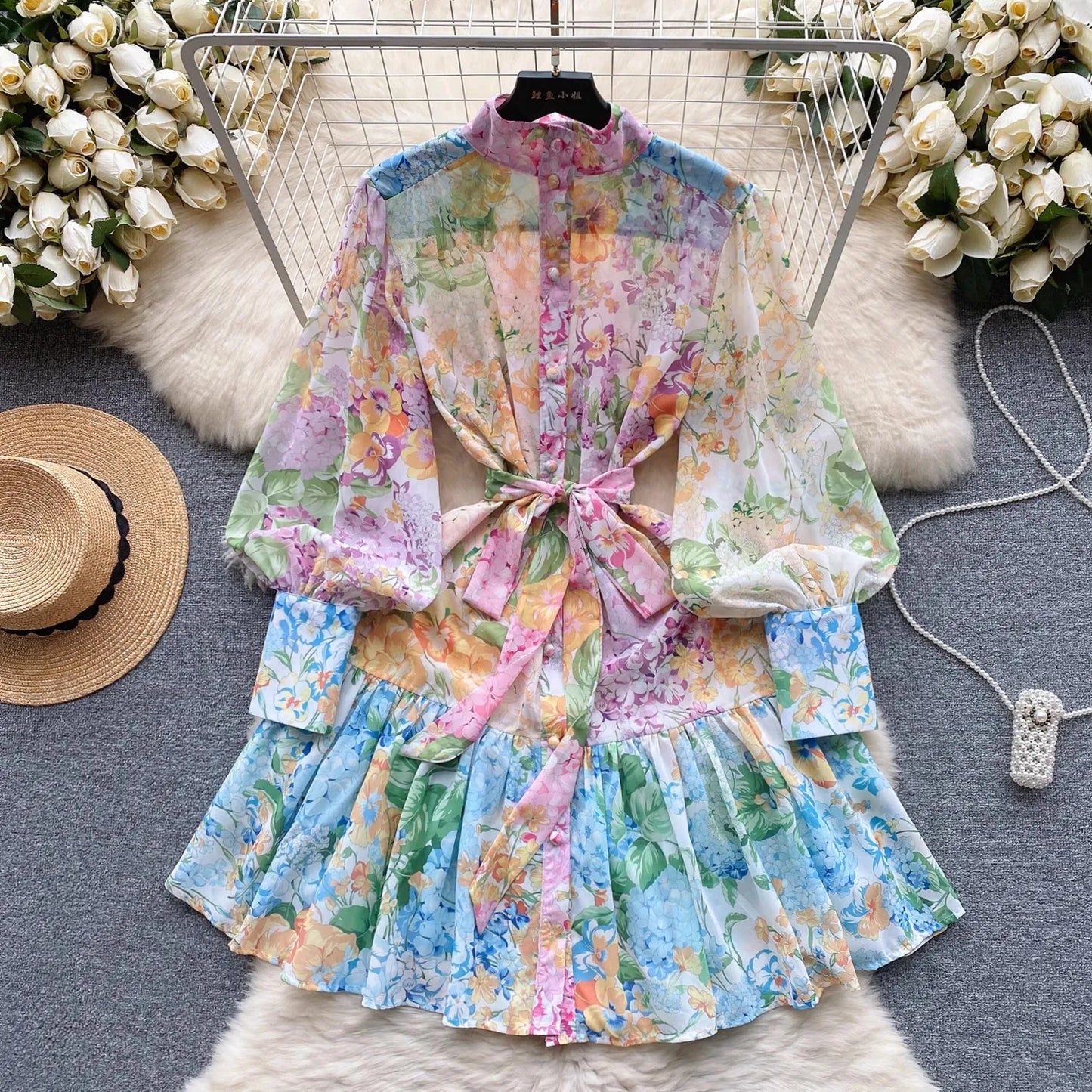 lovwvol New Summer Holiday Beach Short Dress Women's Stand Long Lantern Sleeve Floral Print Sashes Lace Up Chiffon Loose