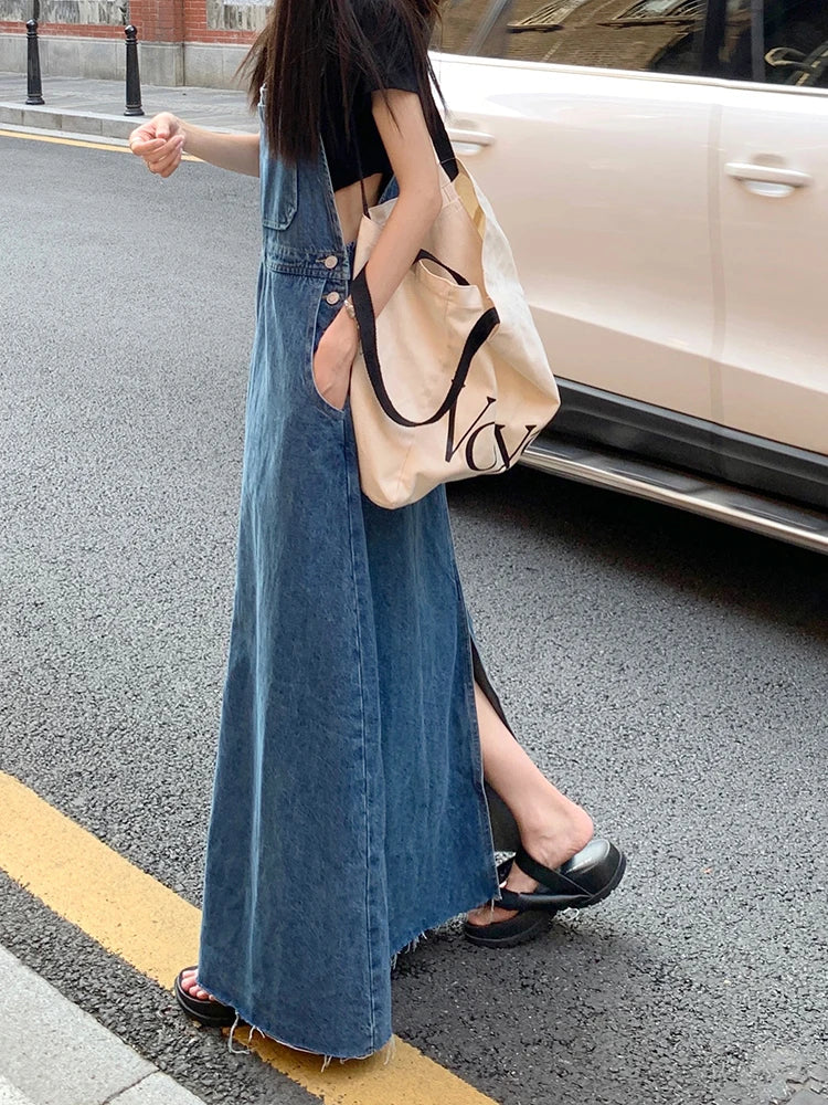 lovwvol SML Women Loose Ladies Vintage Long Denim Dress Female Tassel Spaghetti Strap Jeans Denim Dresses Female (78913