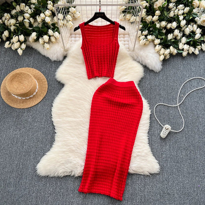 lovwvol Summer Women Fashion Skirt Set Sexy Sleeveless Tank Tops High Waist Slim Long Saya Female Two Piece Suits Knit Solid Clothes