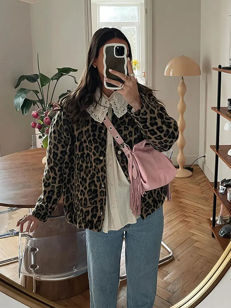 lovwvol  Vintage Women Leopard Print Single Breasted Coat Chic Lady Long Sleeves 2024 Spring New Female High Street Commuting Wear Jacket