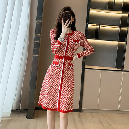 lovwvol Vintage Pullover Knitted Sweater Knee Dresses for Women Korean Fashion Pockets O-Neck Plaid Red Dress Robe Femme Vestidos Autumn