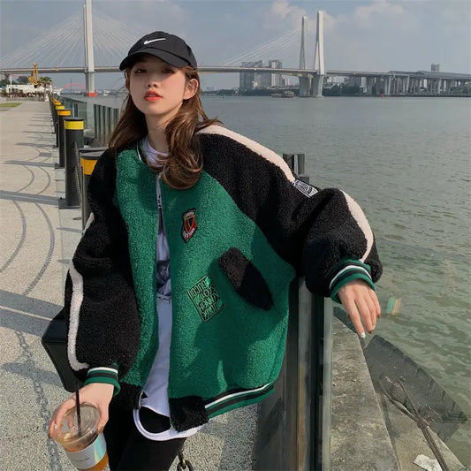 lovwvol   Vintage Korean Style Women Baseball Jackets Oversized Streetwear Y2k Hip Hop Female Zip Up Bomber Jacket Kpop Green Top