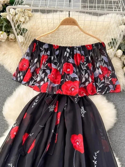 Summer Gorgeous Flower Chiffon Holiday Dress Women's Sexy Off The Shoulder Flower Print Elastic Waist Pleated Maxi Robe