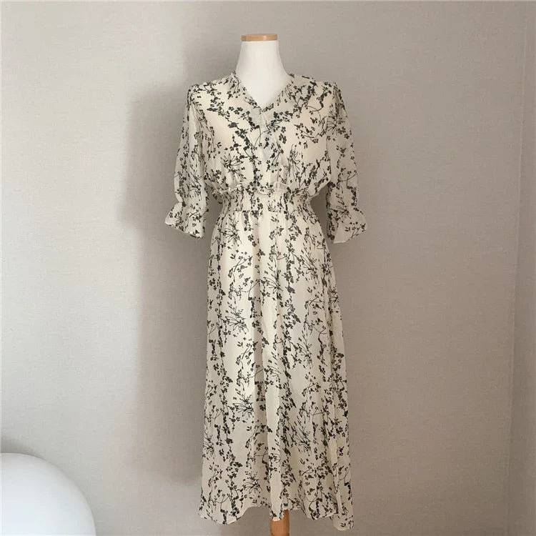 lovwvol Vintage Korea Fashion Clothing Summer Slim Elastic Waist A Line V Neck Elegant Office Lady Floral Chic Chiffon Long Dress Retro