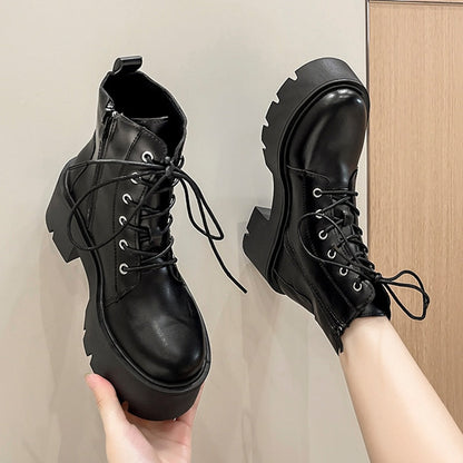 Black Chunky Platform Ankle Boots for Women 2023 Spring Thick Bottom Lace Up Shoes Woman Retro White Pu Leather Short Boots