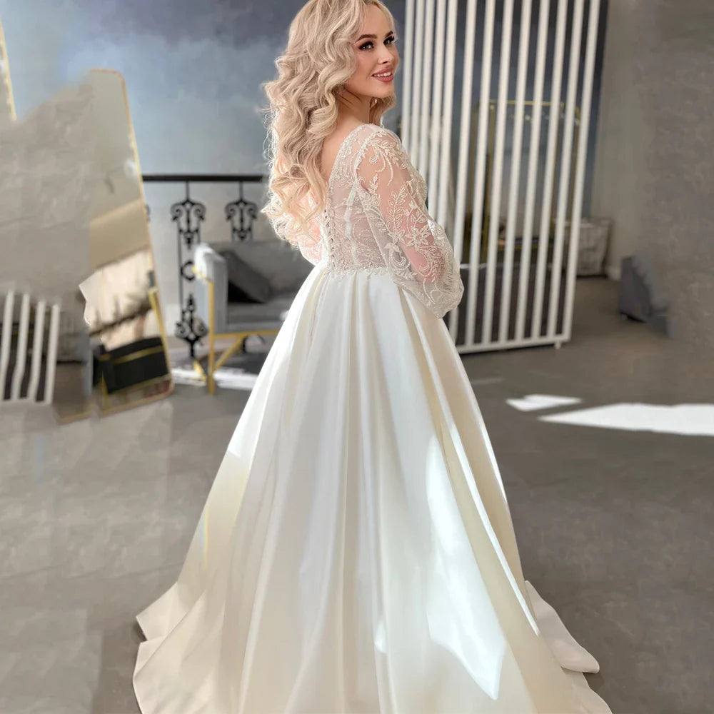 Exquisite A-line Wedding Dress For Bride Princess Lace Appliques Long Puffy Sleeves Vestido De Novia Boda Satin Robe