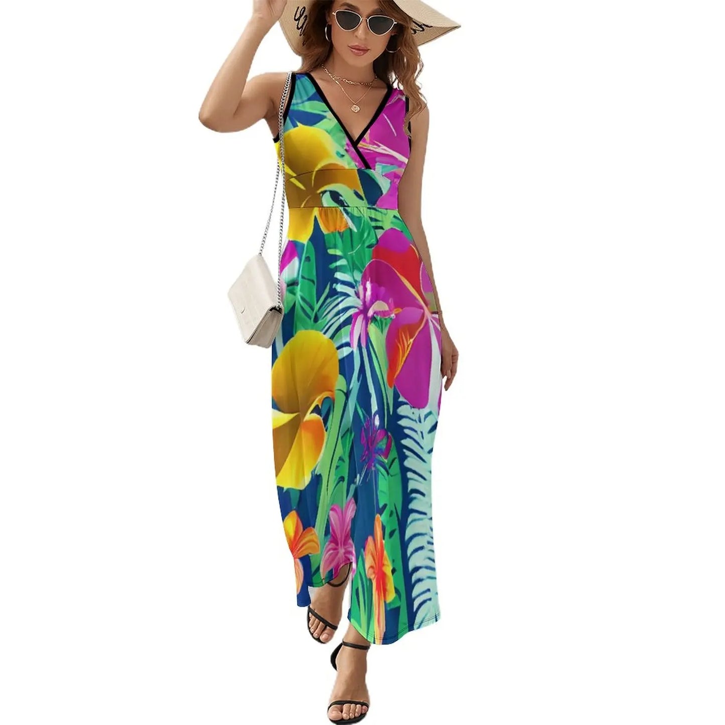 lovwvol Tropical Print Dress Female Orange Flowers Vintage Maxi Dress V Neck High Waist Aesthetic Design Boho Beach Long Dresses