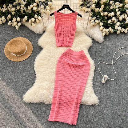 lovwvol Summer Women Fashion Skirt Set Sexy Sleeveless Tank Tops High Waist Slim Long Saya Female Two Piece Suits Knit Solid Clothes