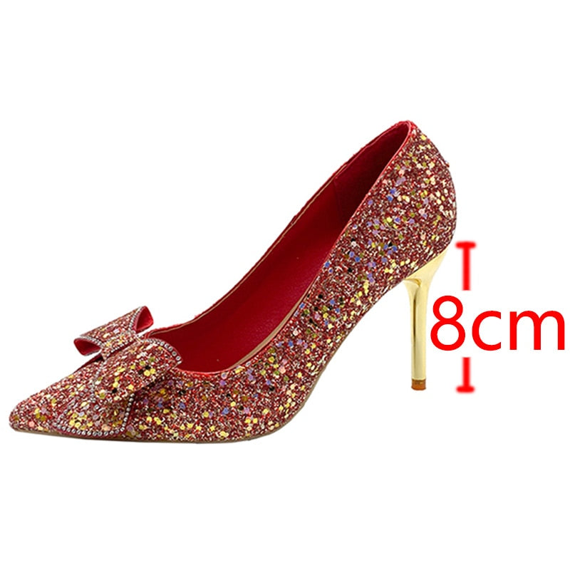 lovwvol Shiny Sequins High Heels Pumps Women 2023 New Crystal Bowtie Thin Heeled Wedding Party Shoes Woman Luxury Pointed Toe Red Pumps