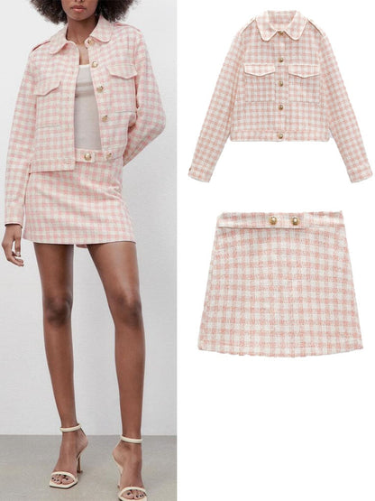 ZA spring new sweet girl pink checkerboard pattern suit jacket + temperament high waist checkerboard pattern casual shorts