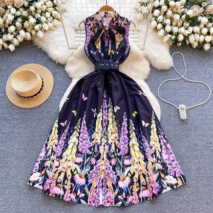 lovwvol Runway Summer Holiday Flower Tank Dress Women's Sleeveless Bow Neck Single Breasted Floral Print Belt Boho Vest Party