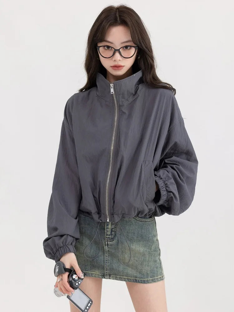 lovwvol  Korean Y2K Dark Grey Jackets Women Windbreaker Crop Jacket Female Harajuku Korean Oversize Zip Up Outdoor Tops