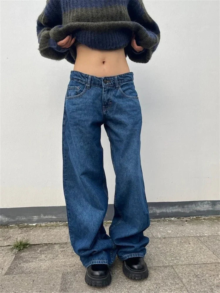 lovwvol Women's American Street Style Wide Leg Jeans Summer Young Girl Street Straight Bottoms Vintage Baggy Trousers Female Denim Pants