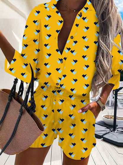 lovwvol New Elegant Print Two Piece Sets Women Summer Spring Turn-Down Collar Shirt Tops+ Shorts Woman Sets Casual Long Sleeve Shirts