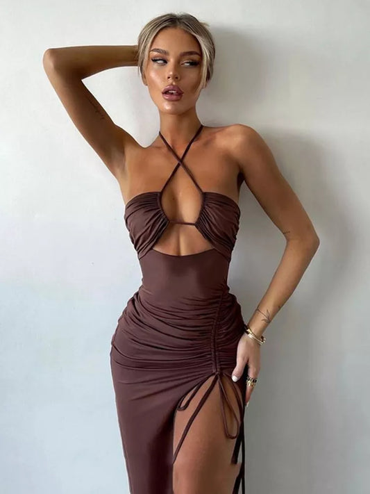 Hot Summer Sexy Halter Backless Sleeveless Cut Out Maxi Dress for Women Elegant Club Party Slit Dresses Vestido