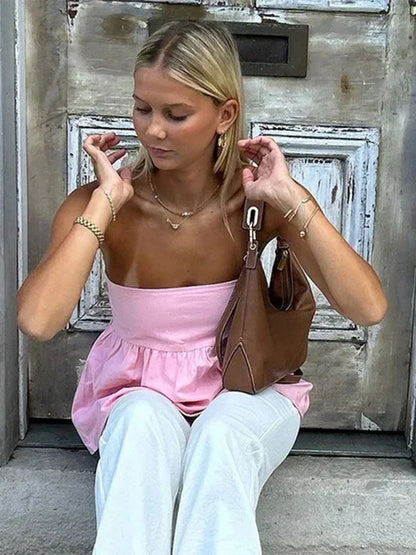 lovwvol Sexy Solid Ruffled Hem Women Strapless Tops Patchwork Sleeveless Off Shoulder Female Vest 2024 Spring Summer Fashion Lady Top