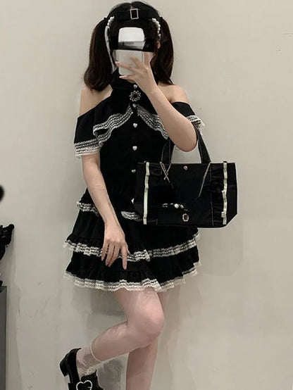 Japanese Kawaii Mini Cake Skirt Womens Black Casual Elegant Lolita Sexy  High Waist Lace Y2k Aesthetic Sweet Gothic Faldas