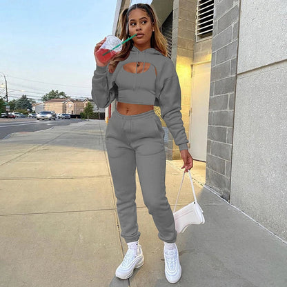 Women 3 Pieces Sets Sweatpants and Hoodie Set Cropped Tops Fleece Pants Suit Tracksuit Fitness Sport Jogger Outfit Clothing