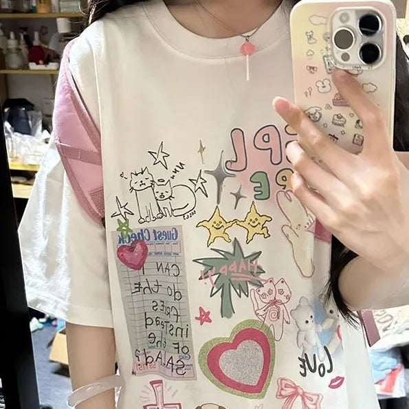 Summer New Oversize Kawaii Cartoon Print T-shirts Short Sleeve O Neck Y2k Aesthetic Tops Women Casual Fashion Harajuku Tees