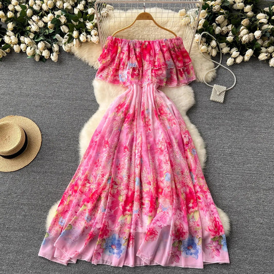 lovwvol Sexy Off Shoulder Bohemian Ruffles Flower Summer Dress Women's Slash Neck Floral Print High Waist Boho Long Robe Vestidos