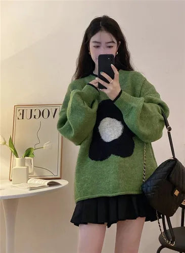 lovwvol Flower Knitted Sweater Female Pull Femme Autumn Contrast Color Womens Clothing Loose Round Neck Long Sleeve Y2k Top