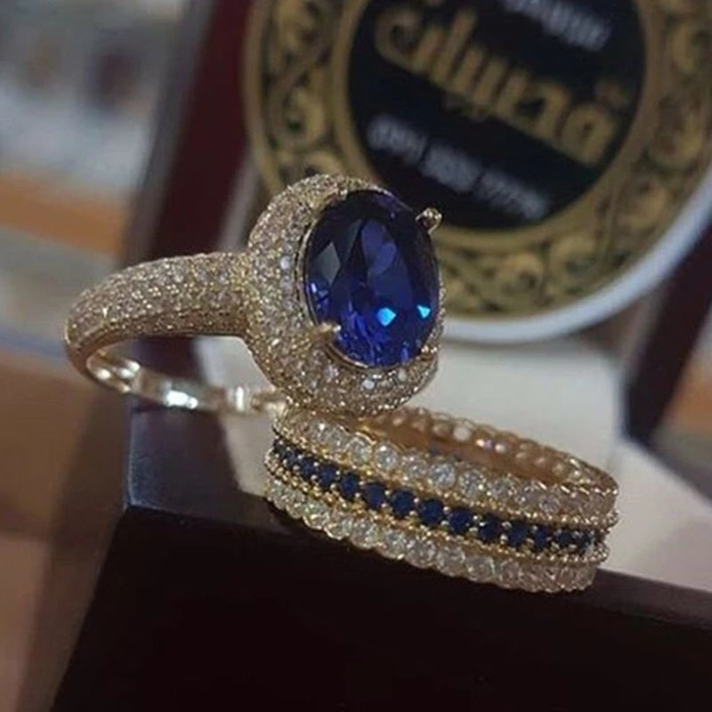 2pcs/set Fashion Gold Color Hip Hop Ring for Women Exquisite Inlaid Zircon Blue Crystal Wedding Rings Engagement Jewelry