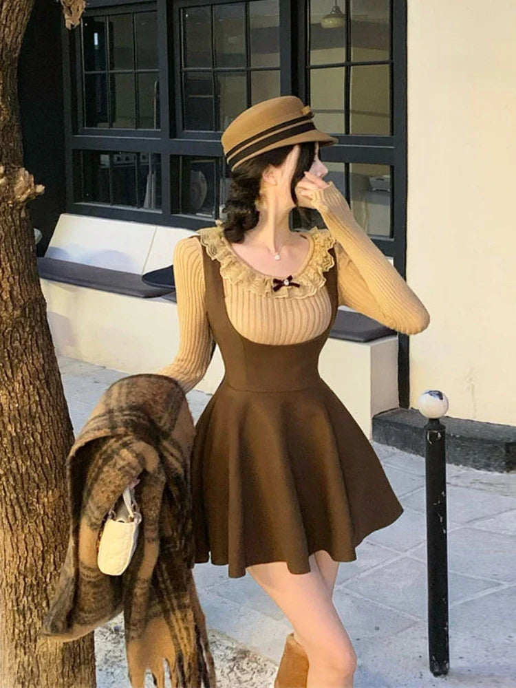 lovwvol French Elegant 2 Piece Dress Set Slim Bodycom Knitting Blouse + High Waist Solid Y2k Mini Dress Korean Fashion Suit 2024 Spring