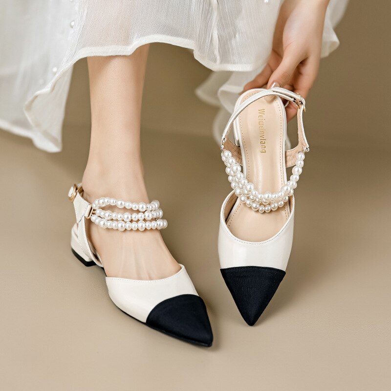 lovwvol Spring 2023 women's sandals ladies casual shoes pointed pearl design Korean style low heels party and work wear