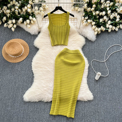 lovwvol Summer Women Fashion Skirt Set Sexy Sleeveless Tank Tops High Waist Slim Long Saya Female Two Piece Suits Knit Solid Clothes