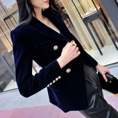 New Spring Fashion Women Midnight Navy Slim Velvet Blazer Office Lady Double Breasted Suit Jacket Coat Female Party Clothes Gift