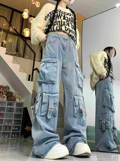 lovwvol Cyber Y2K Streetwear Washed Blue Baggy Cargo Jeans Pants For Women Clothing Multi Pockets Old Wide Leg Dress Lady Trousers