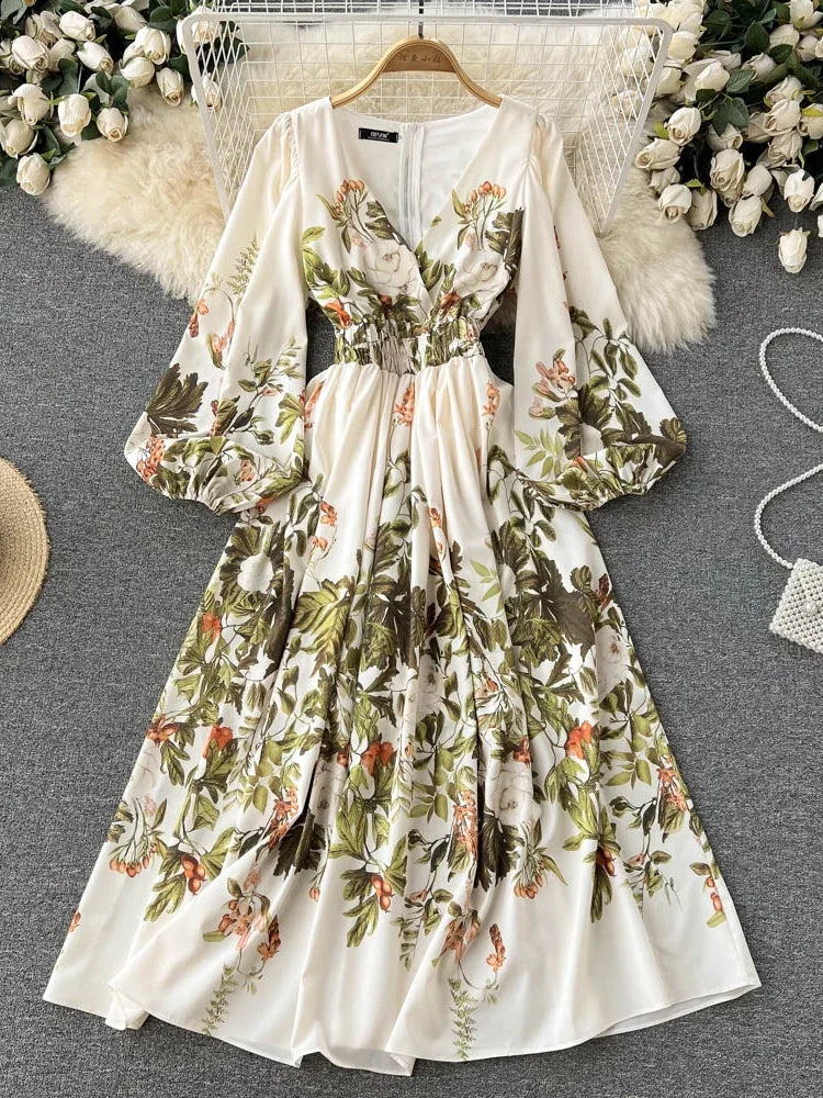 lovwvol Spring Autumn Elegant Long Dress Women A Line Slim Long Sleeve V Neck Floral Dresses Ladies Vintage Party Long Robe Vestidos