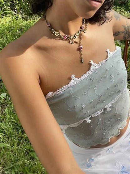 lovwvol Lace Mesh Patchwork Y2K Retro Tube Cropped Tops Clubwear Summer Sexy Women See Through Strapless Tank Mini Vest