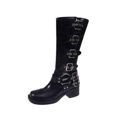 Woman Boots Knee High Platfrom Studded Spring Summer Knight Combat Gothic Elegant Medium Heel Women's Shoes Motorcycle Footwear