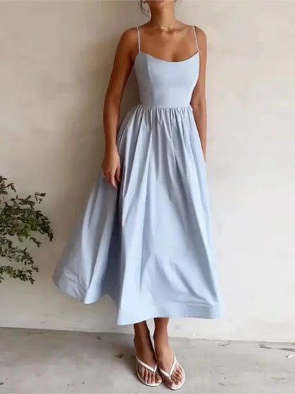 Sexy Solid Spaghetti Strap A-line Maxi Dresses Women Low Cut Sleeveless Big Skirt Dress Summer New Fashion Elegant Party