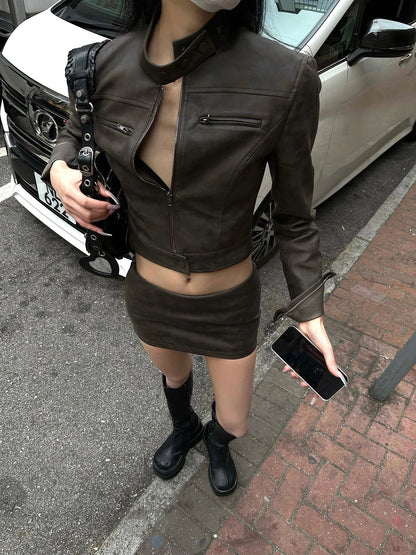 lovwvol Street Retro Brown Leather Jacket Coat Short Bomber Female Collar Cyberpunk Y2k Women Outerwear Acubi Fashion Clothes