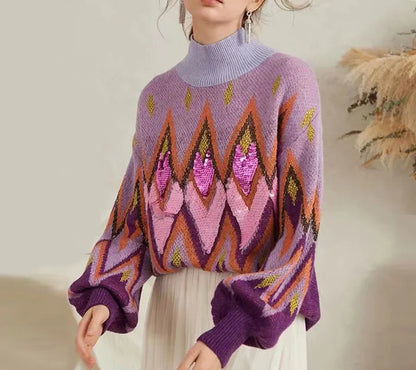 lovwvol Purple Sequin Embroidery Lazy Sweaters Women Vintage Long Sleeve Turtleneck Autumn Winter Knitted Pullover Warm Jumper