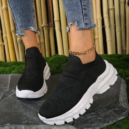 Breathable Mesh Thick Bottom Sneakers Women 2023 Autumn Platform Knitted Casual Shoes Woman Plus Size 42 Anti Slip Sock Shoes