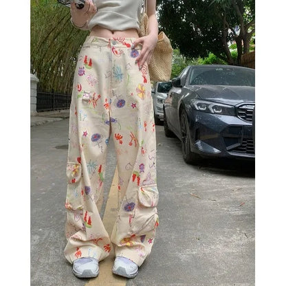 lovwvol Summer Women Painted Printing Pant Leisure Pocket Design Loose Cargo Pants Y2k Style Vintage Female Pantalones