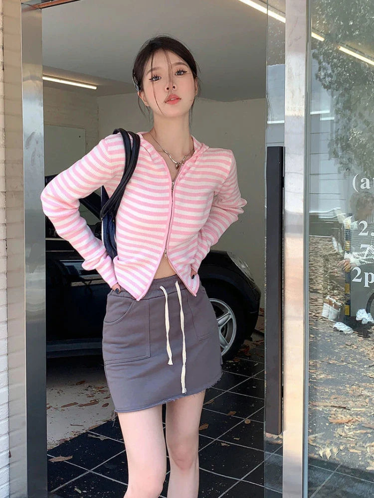 Pink Striped Vintage Y2k Aesthetic Women Cardigan Japanese Knitted Sweater Crop Coat Female Hooded Double Zipper Kardigany