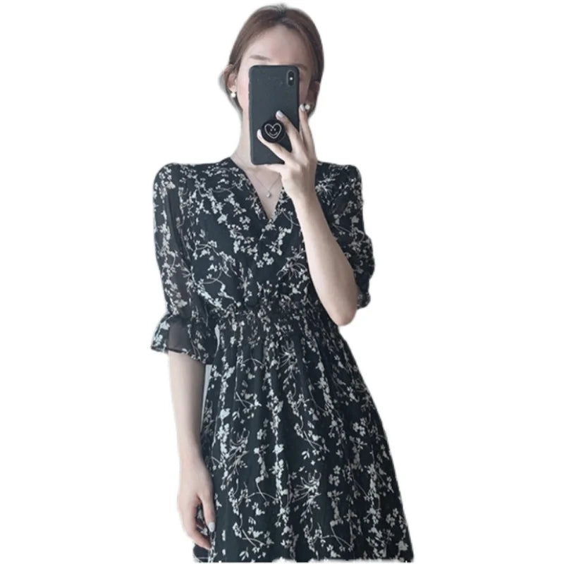 lovwvol Vintage Korea Fashion Clothing Summer Slim Elastic Waist A Line V Neck Elegant Office Lady Floral Chic Chiffon Long Dress Retro