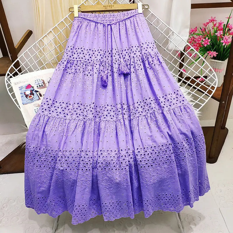 lovwvol Hollow Out Embroidery Cotton Lace Skirts for Women Vintage High Waist Ruffles Long Skirt Casual A-line Boho Falda Summer