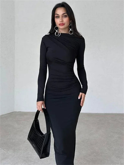 lovwvol Pleated Long sleeved Slim Maxi Dress Women Solid Fashion Elegant Party Dress Gown Off-Shoulder High Waist Bodycon Dress