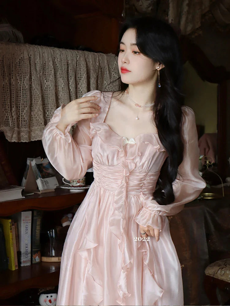 lovwvol   Autumn Vintage Party Midi Dress Women Pink Fairy Korean Style Sweet Dress Female Bubble Sleeve Elegant Evening Party Dress