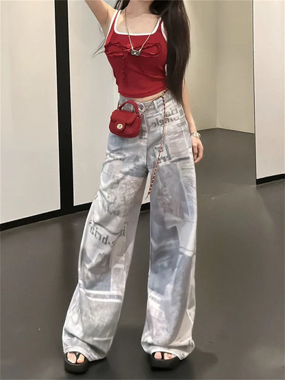 lovwvol Women's Newspaper Print Design Personality Jeans Young Girl Summer Thin Straight Bottoms Vintage Trousers Female Wide Leg Pants