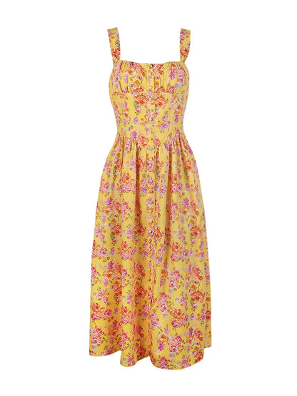 lovwvol Summer Elegant Floral Print Midi Holiday Dress with Pocket Yellow Back Lace Up Party Dresses Casual Women Dress