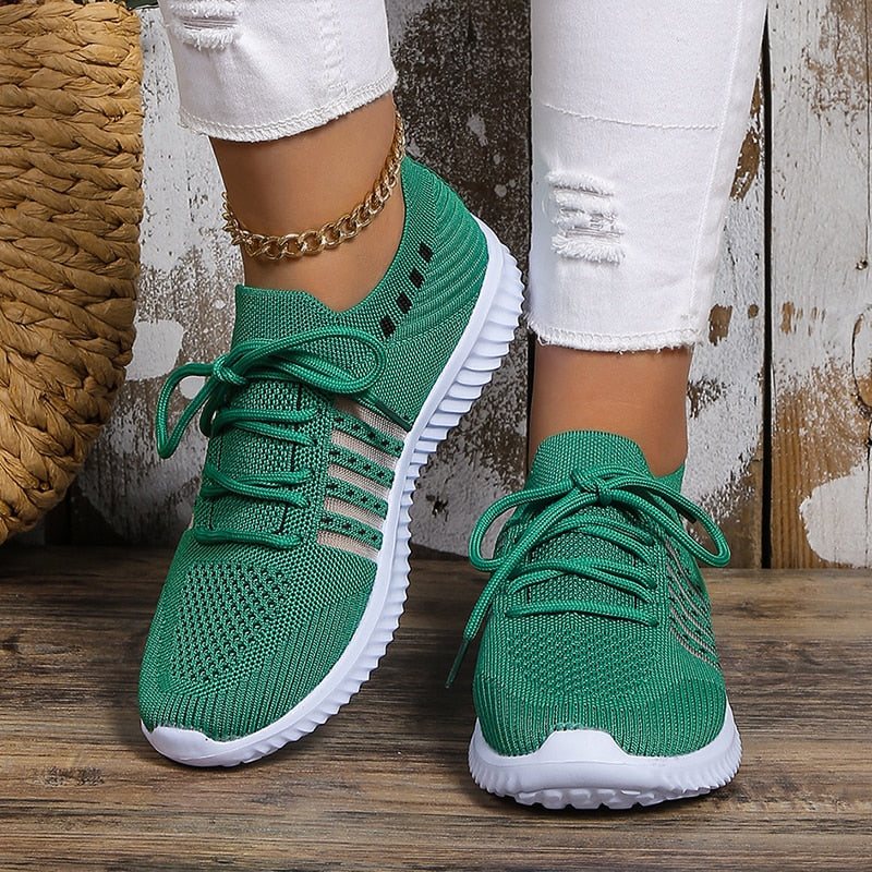 Comfort Soft Sole Knitted Sneakers Women 2023 Autumn Breathable Mesh Casual Shoes Woman Plus Size 43 Green Lace Up Walking Shoes